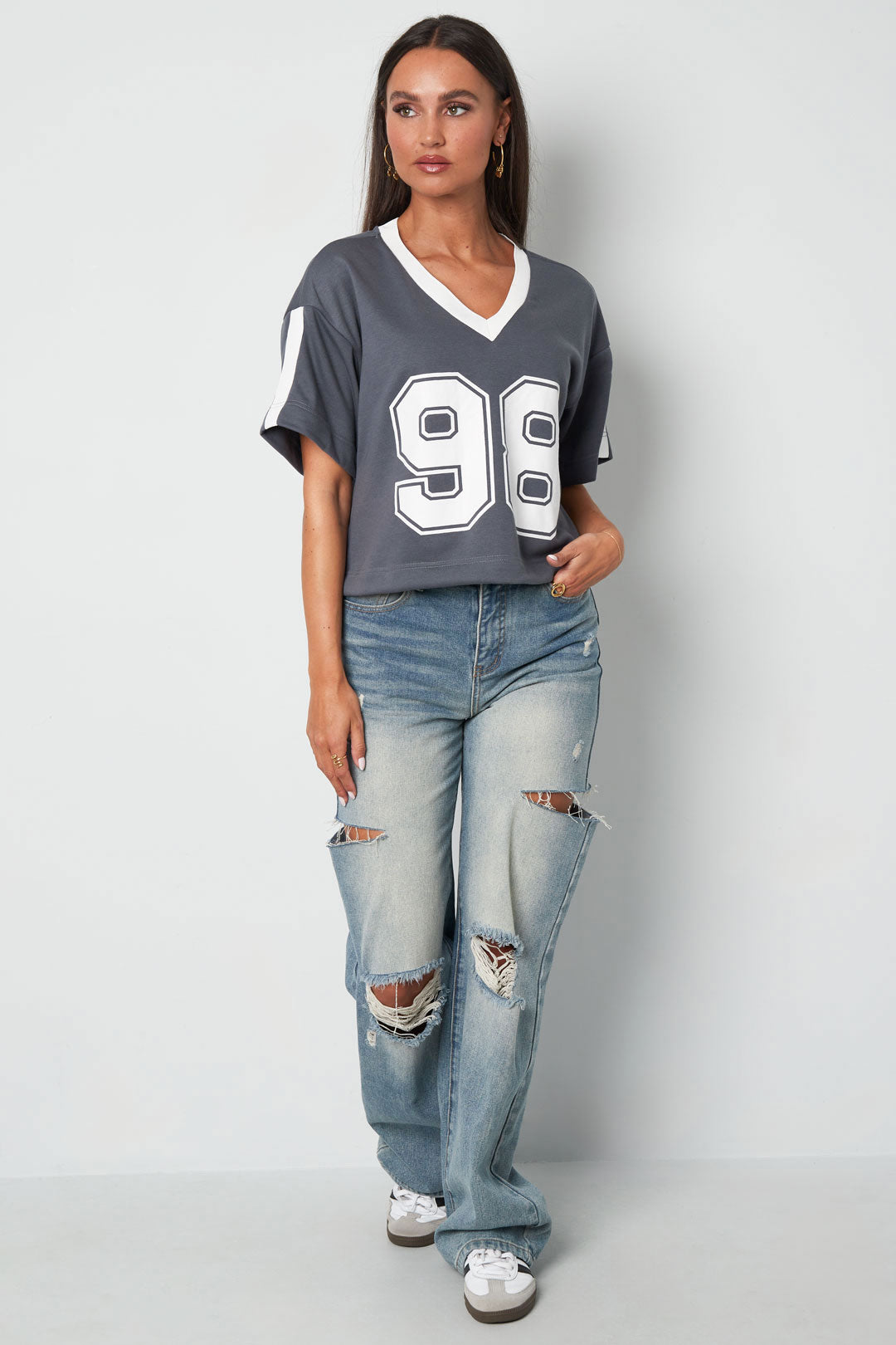Gebreide Katoen Vrouwen V-hals T-shirt Sportief Kleurcontrast