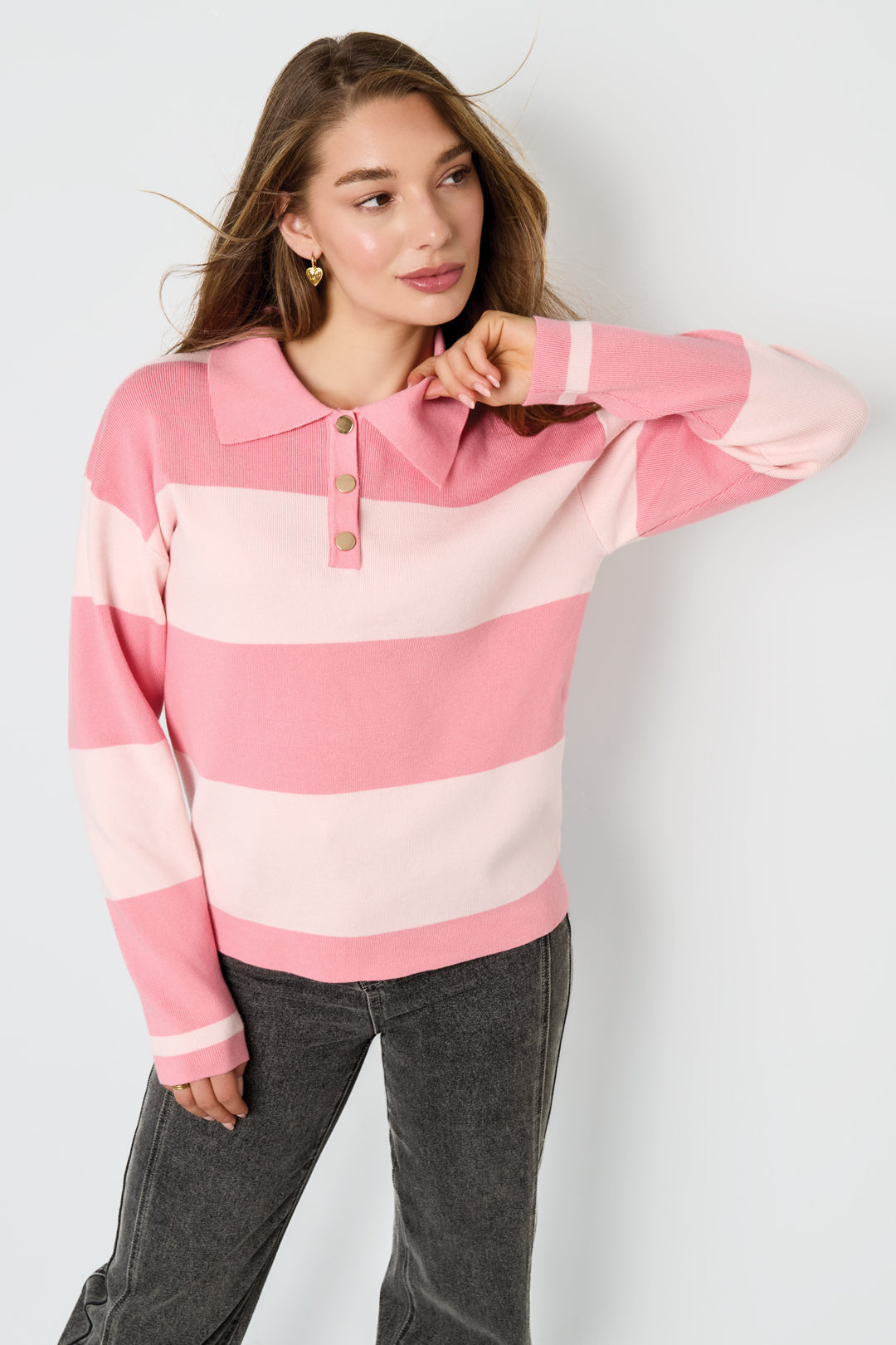 Gebreide Viscose Dames Polo Trui Strepen Herfst/Winter